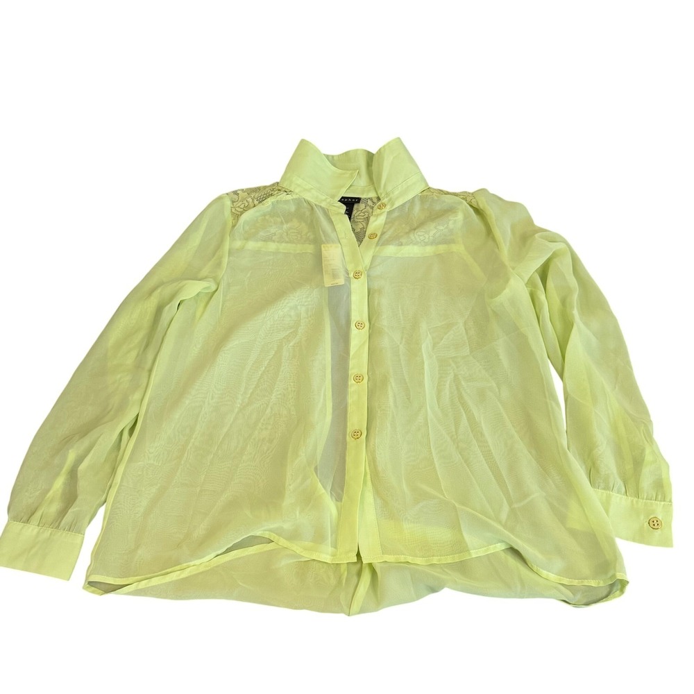 Metaphor Womens Lime Green Sheer Lace Back Button Up Blouse Top Large RN15099